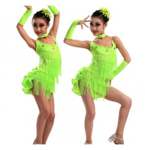 Neon green hot pink fuchsia turquoise blue yellow backless girls kids children performance modern dance latin dance dresses 